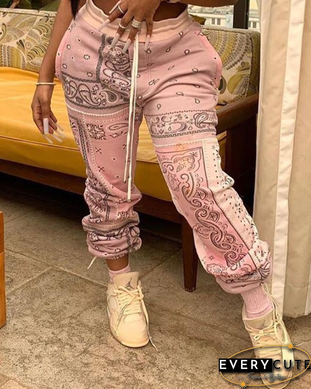 Paisley Print Drawstring Ruched Pants