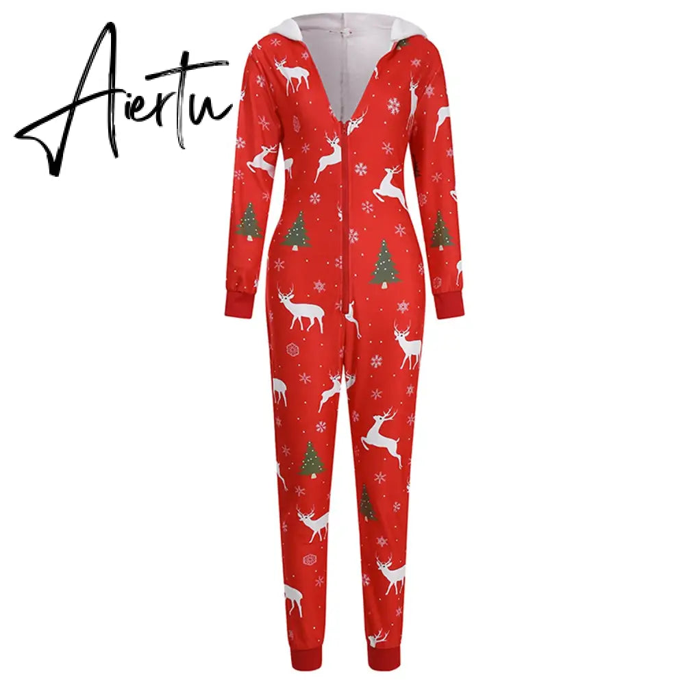 Women Christmas Printed Pattern Jumpsuit Long Sleeve Zipper Closure Hooded Overalls Winter Sleep Home Wear Clothes Red/ Green Aiertu