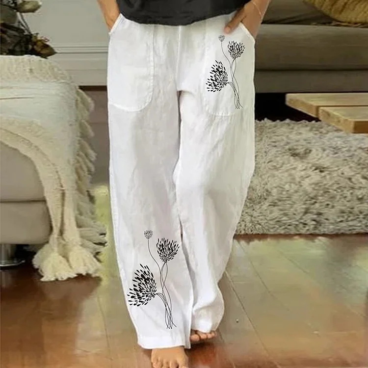 Vintage Cotton Linen Print Wide Leg Pants