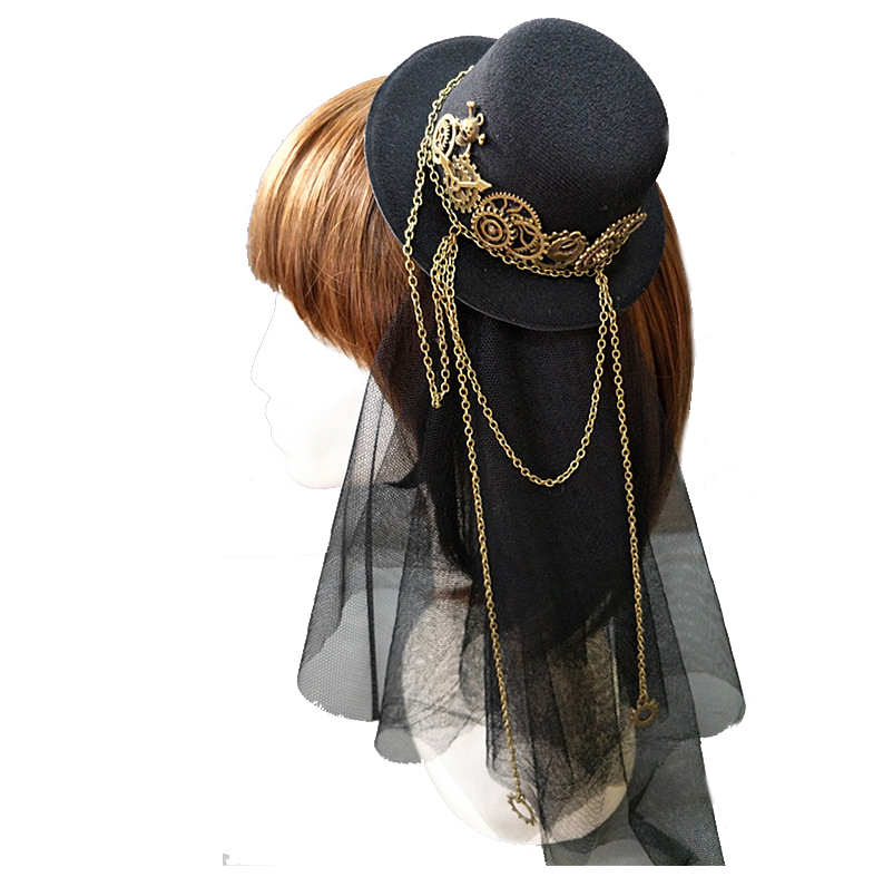 Steampunk Mini Top Hat With Veil Punk Gears Gothic Mini Hats Fancy Dress Cos Chains Hair Accessories Novameme