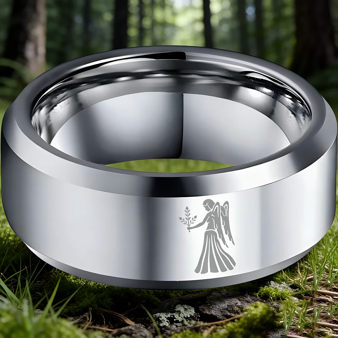Sliver Virgo Couple Wedding Bands Beveled Edges Sliver Laser Etched Tungsten Carbide Rings 4MM 6MM 8MM