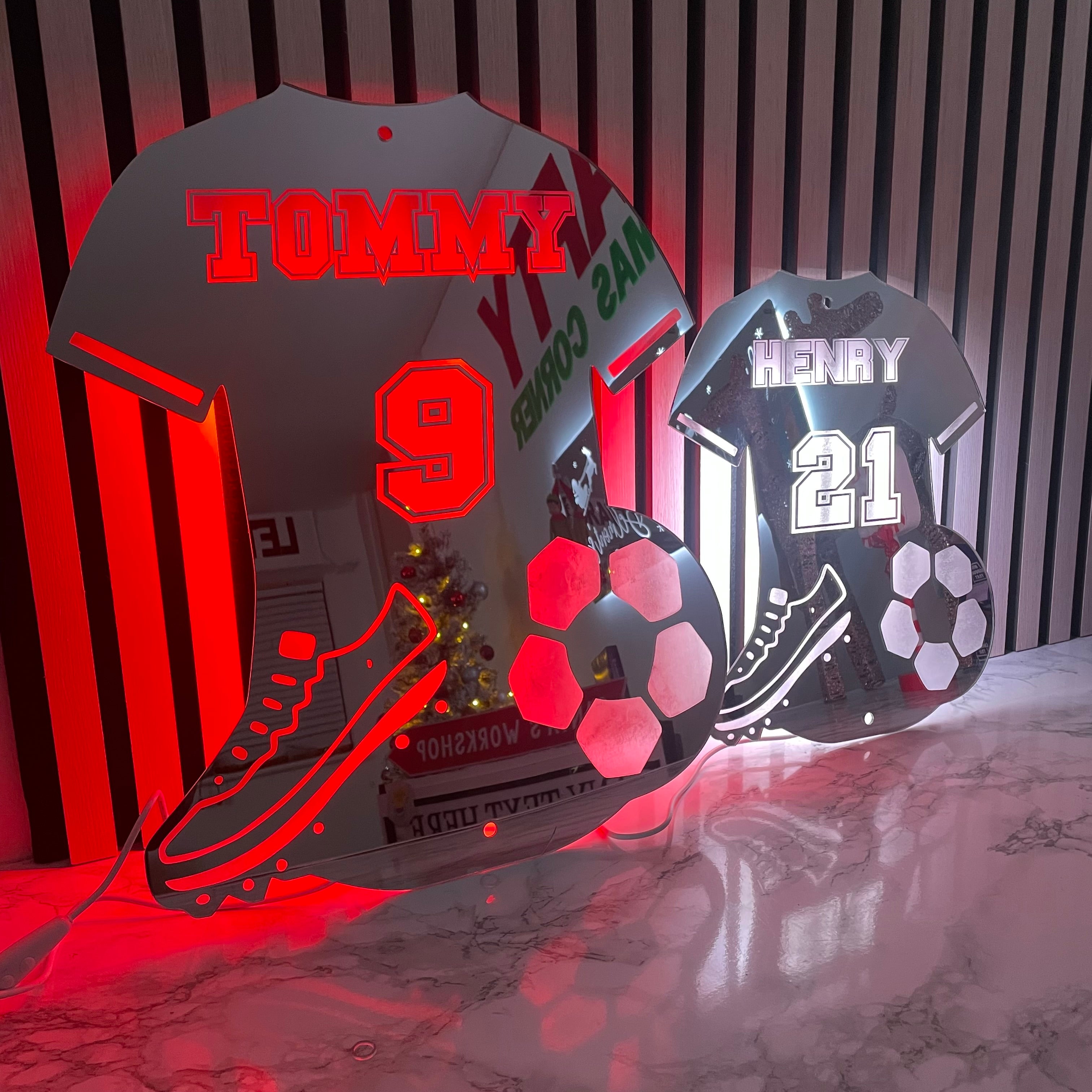 Loveyoufancy Personalised LED Football Shirt Mirror – Custom Decor for Young Football Fans