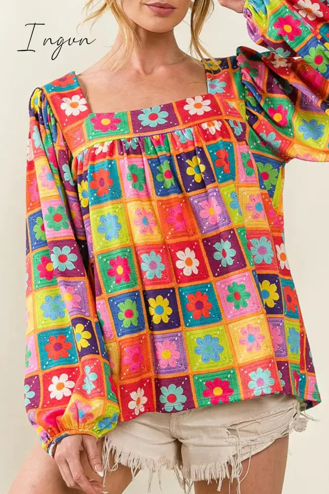 Ingvn - Casual Print Contrast Square Collar Tops Colour / S Tops/Long Sleeve