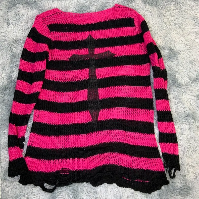 Plus Size Punk Gothic Long Unisex Sweater Dress Women Man Striped Cool Hollow Out Hole Broken Jumper Loose Rock Thin Sweter 2021