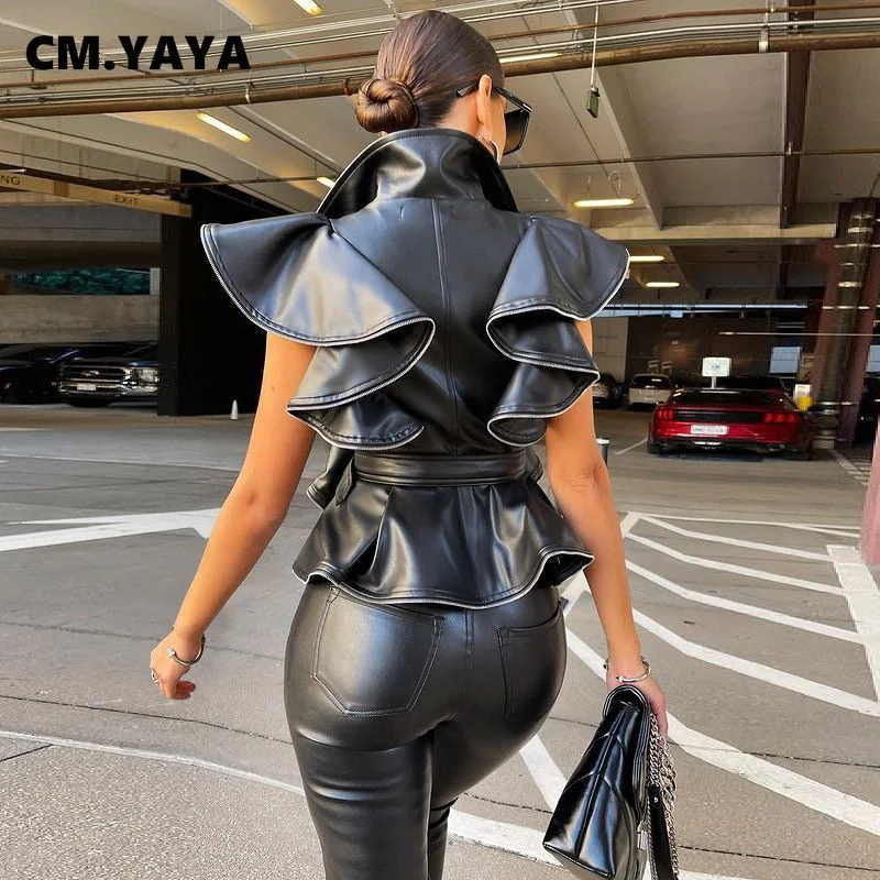 CM.YAYA Women Faux Leather Ruffles Flare Moto Biker Style PU Leather Jacket Outcoat