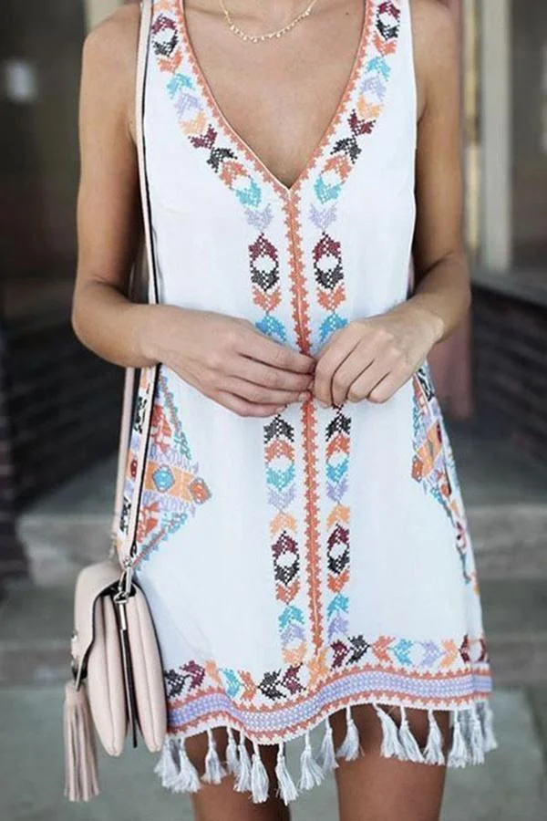 Womens Fringed Ethnic Print Dress-Allyzone-Allyzone