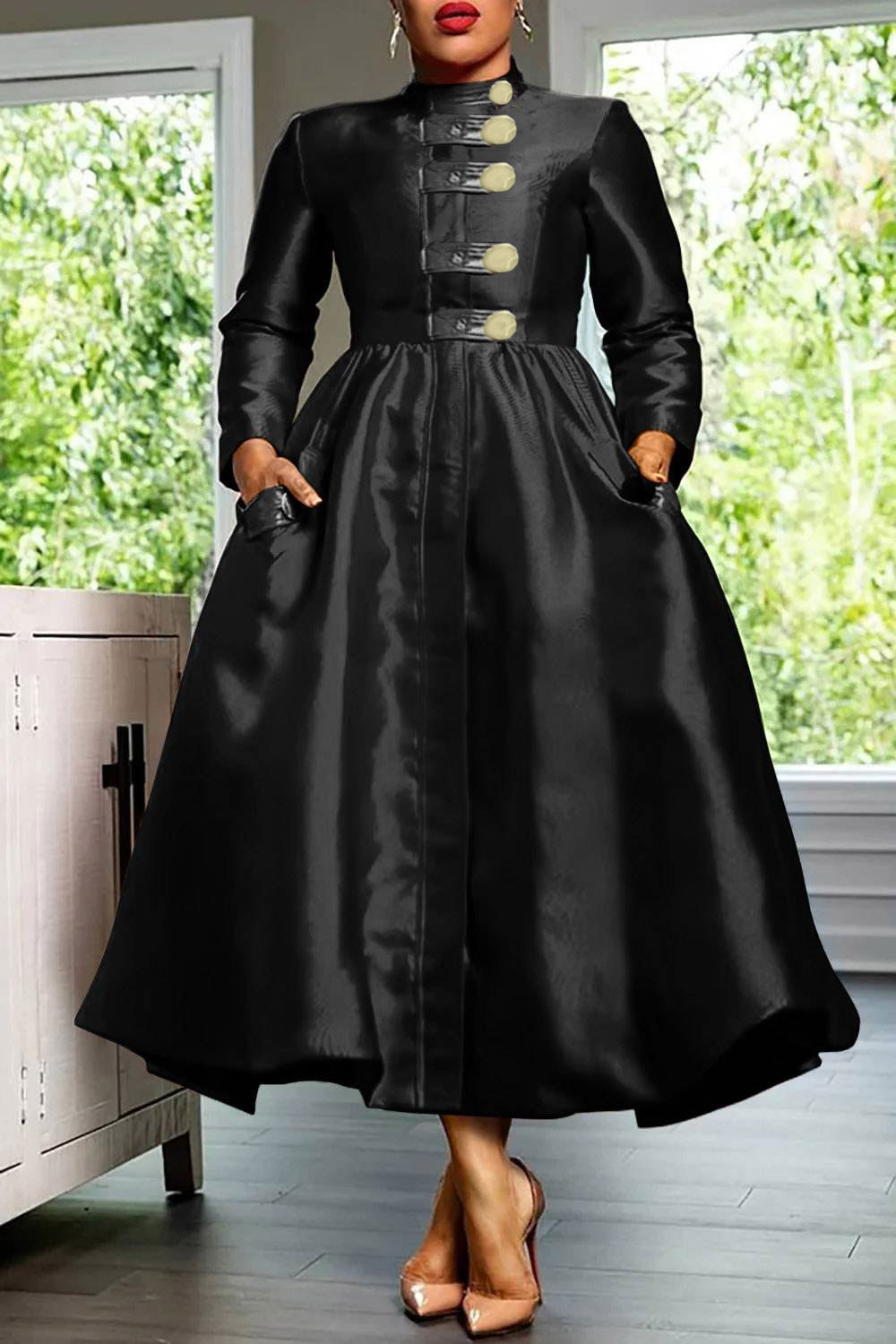 Plus Size Formal Dress Red A-Line Mock Neck Button Maxi Dress