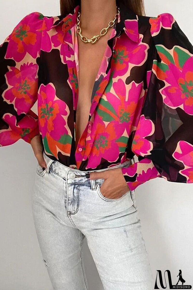 MidiSono - Elegant Floral Patchwork Turndown Collar Tops