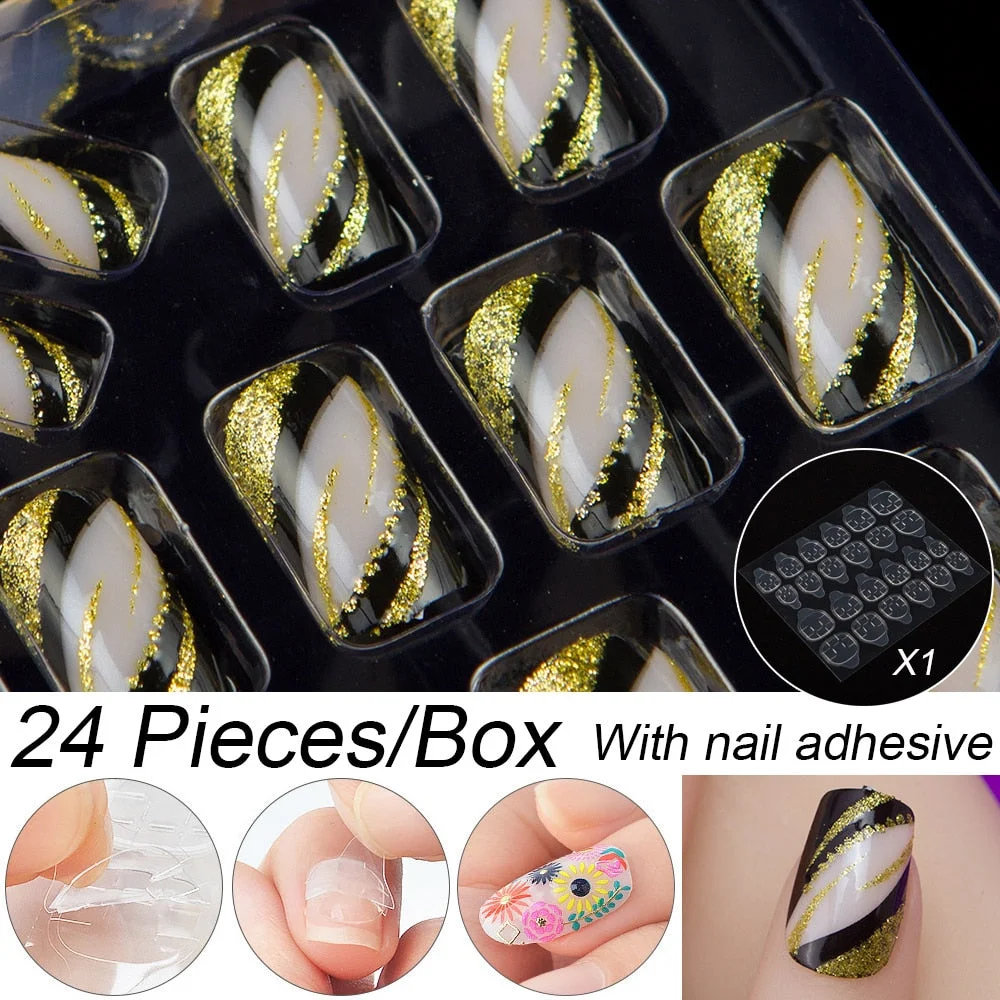 Fashion 24pc/set 10 Sizes Fake Nails Full Cover French False Nail Tips With Double-Sided Nail Adhesive Tab Press On Coffin Nail-Nail Inspo