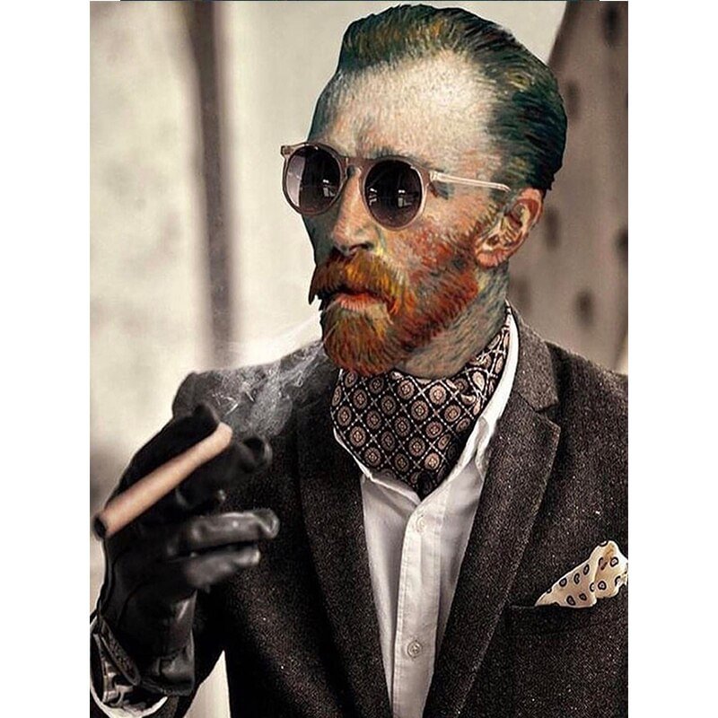 Funny Art Van Gogh with Sunglasses Smokes A Cigar Posters and Prints Canvas Paintings Wall Art Pictures for Living Room Decor
