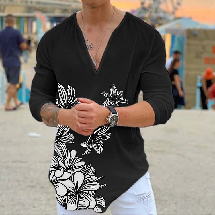 Pre-sale Men's casual style V-neck art floral print T-shirt