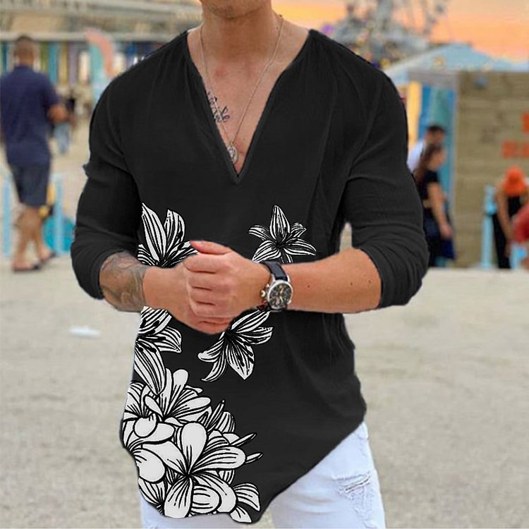 Pre-sale Men's casual style V-neck art floral print T-shirt