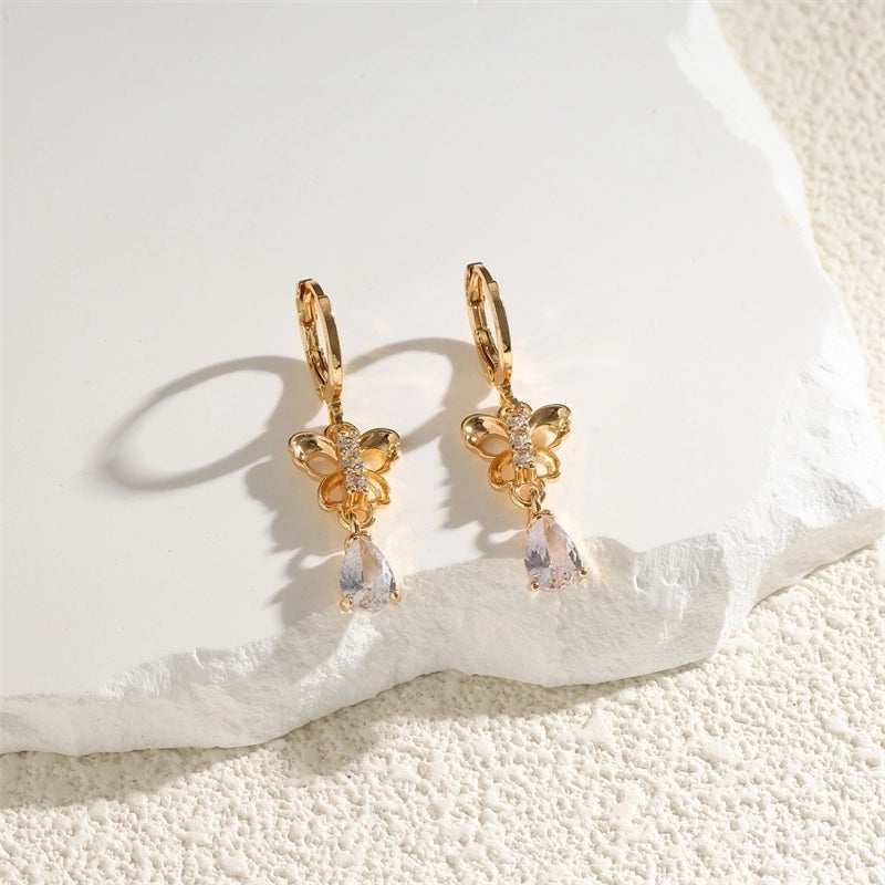 1 Pair Retro Minimalist Geometric Water Droplets Snowflake Inlay Copper Alloy Brass Zircon 18K Gold Plated Drop Earrings