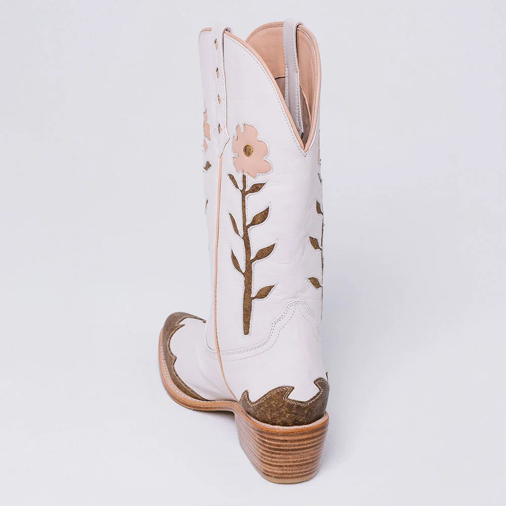 White & Brown Closed Toe Flower Inlay Mid-Calf Cowgirl Boots