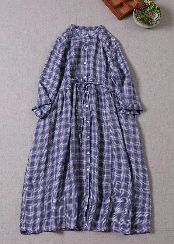 Style Blue Grey Plaid Pockets Cinched Tie Waist Fall Patchwork Robe Dresses Long sleeve
