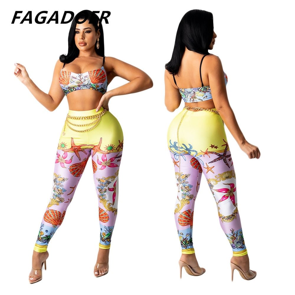 Fagadoer New Sleeveless Two Piece Women Starfish Print Crop Top And Skinny Pant Suits Summer Fashion Bodycon Tracksuit Sexy