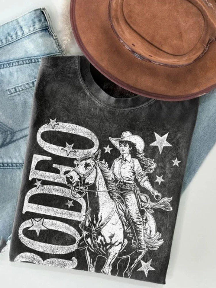 VChics Rodeo Cowboy Printed Washed Cotton T-Shirt