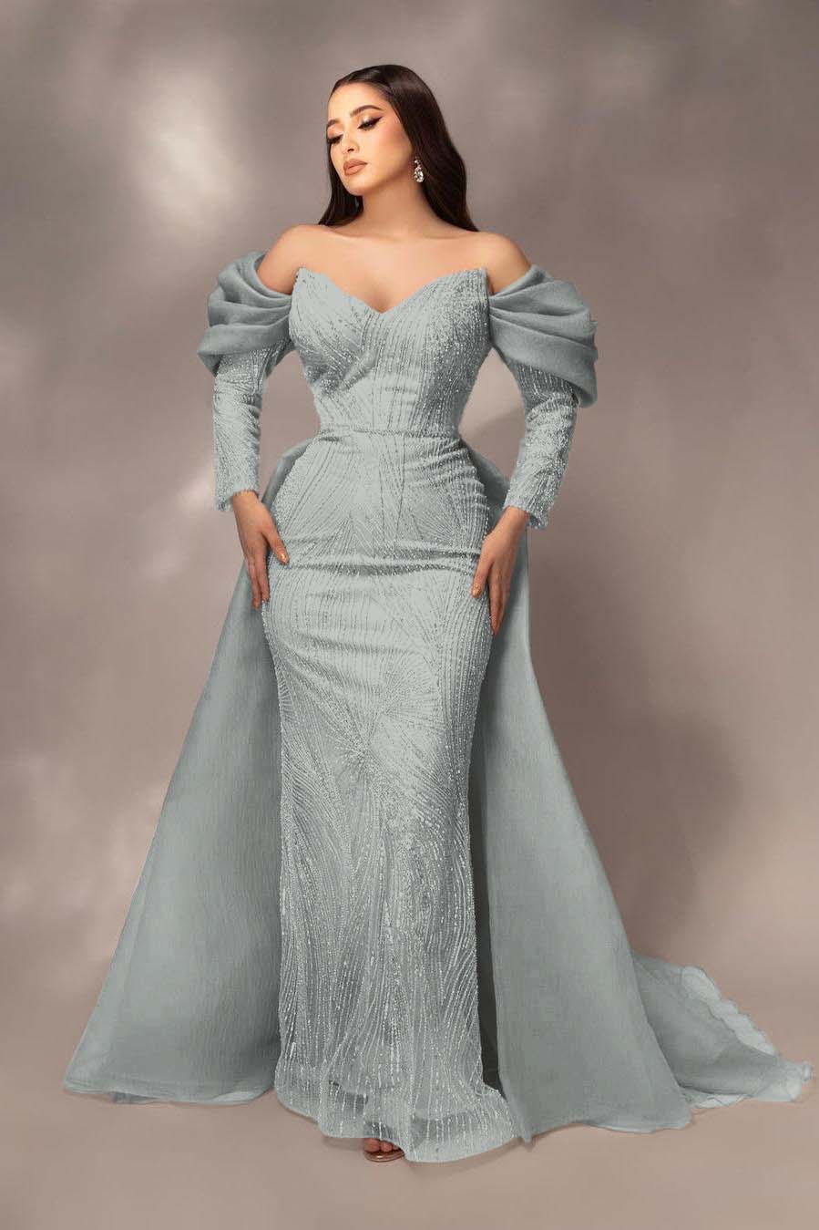 Daisda Glamorous Sequins Off the Shoulder Long Sleeves Mermaid Prom Dress with Pleated