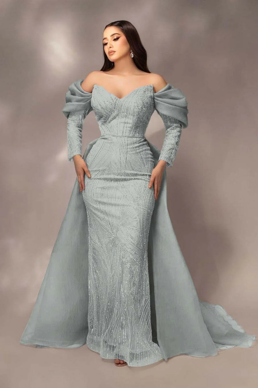 Daisda Glamorous Sequins Off the Shoulder Long Sleeves Mermaid Prom Dress with Pleated