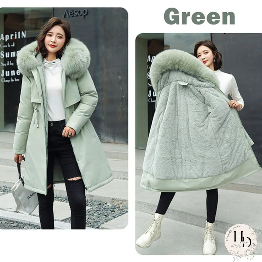 New cotton liner parker parka fashion adjustable waist fur collar winter jacket women