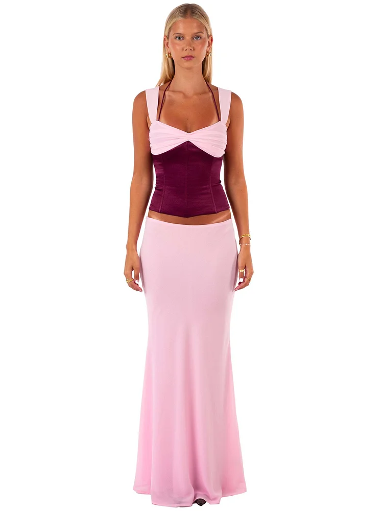 Women 2pcs Set Sleeveless Contrast Color Bandage Tie Back Wrinkle Front Tank Tops + Slim Fit Maxi Skirt For Cocktail Party