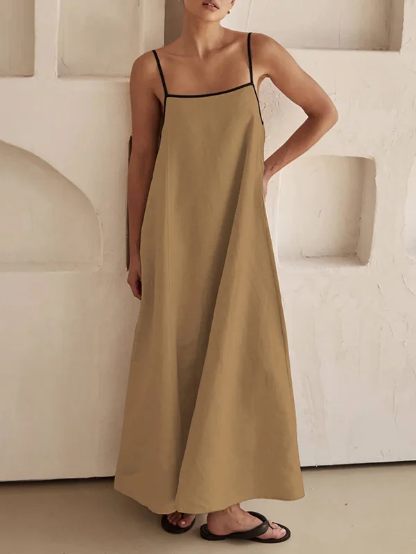 Split-Joint A-Line Loose Spaghetti-Neck Maxi Dresses