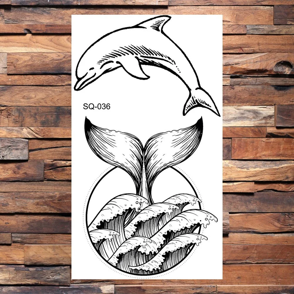 Pencil Sketch Dolphin Wave Temporary Tattoos For Women Adults Mountain Whale Pine Tree Fake Tattoo Sticker Body Arm Tatoos DIY