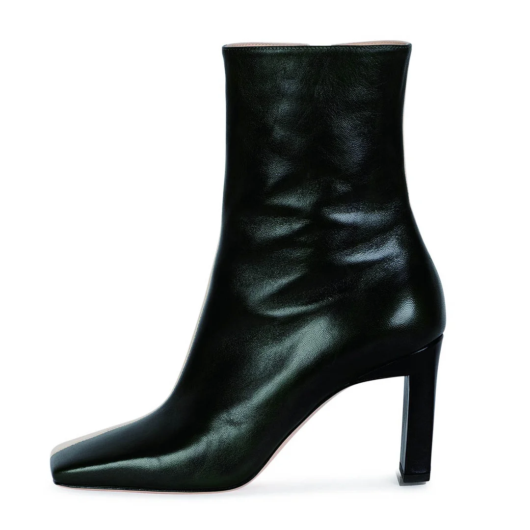 Black & White Two-Tone Color Square Toe Ankle Boots for Women