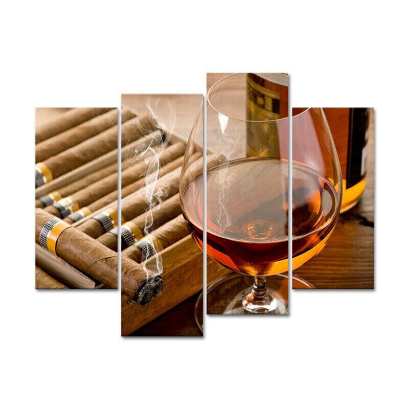 No Framed 4 Pieces Liquor Cup Cigar Drink Red Wine HD Wall Art Canvas Posters Pictures Paintings Home Decor for Living Room