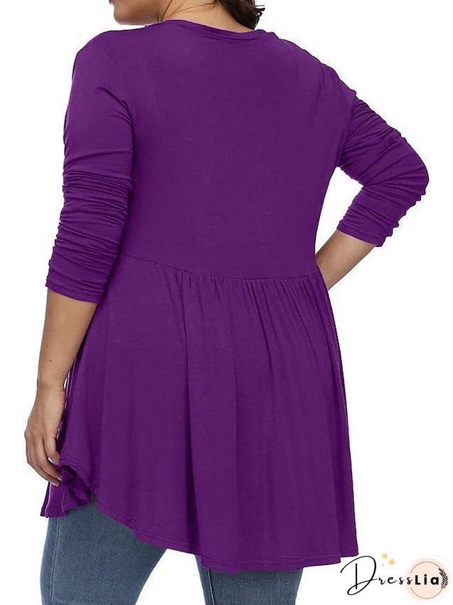 T shirt Tee Light Blue claret Deep Purple Plain Button Flowing tunic Long Sleeve Daily Weekend Basic V Neck Long Plus Size L for Women