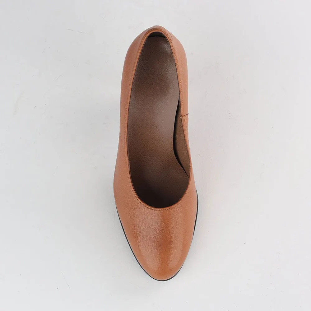 YDN Classic Tan Chunky Heel Round Toe Business Pumps Shoes
