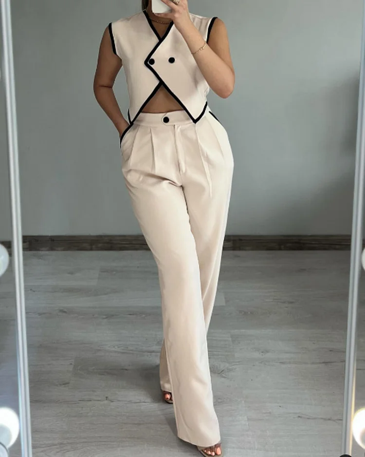 Stylish Contrasting Color Vest & Trousers Two-piece Set