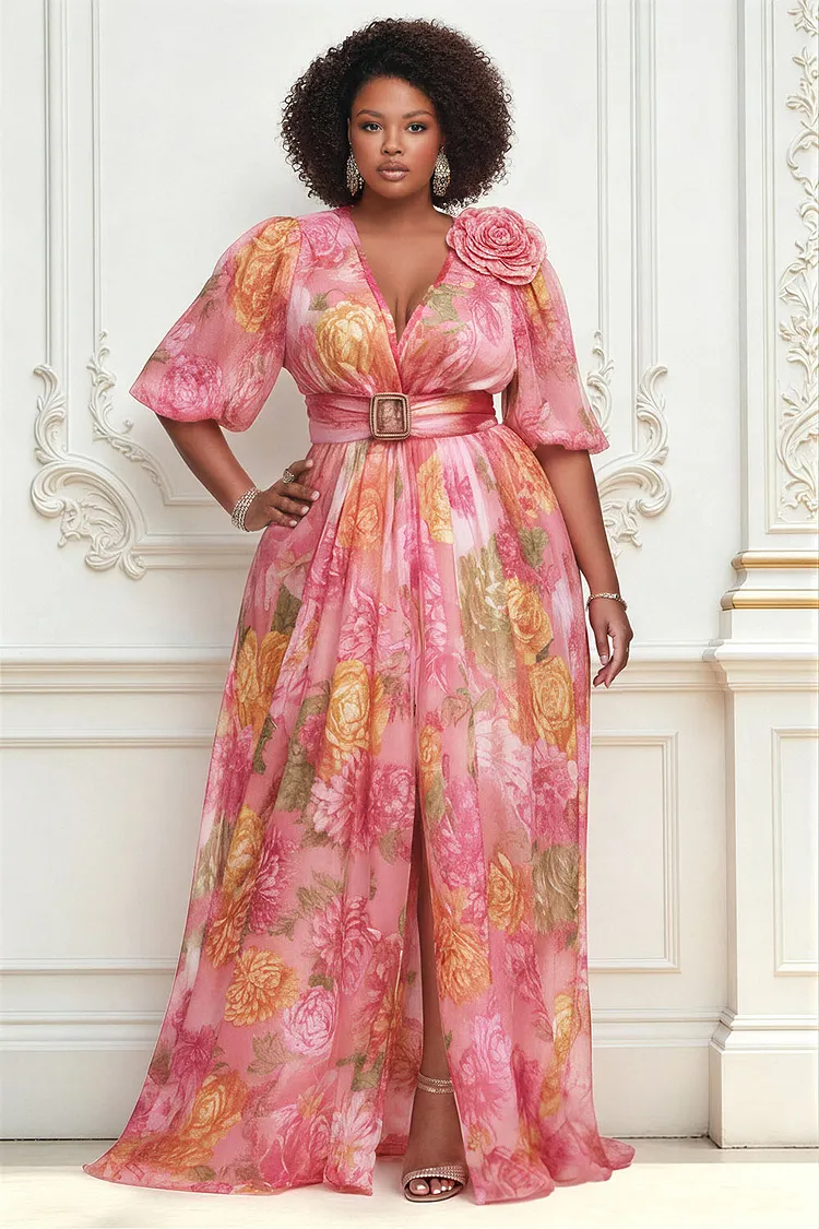 Xpluswear Design Plus Size Wedding Guest Pink Floral V Neck Puff Sleeve Short Sleeve 3D Wrap Chiffon Maxi Dresses [Pre-Order] 2024 - Xpluswear