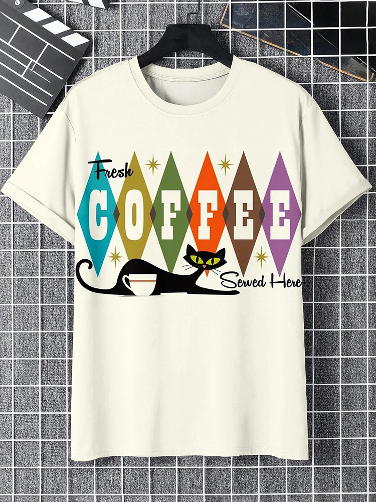 Men's Fresh Coffee Sewed Here Black Cat Print Cotton Casual T-Shirt