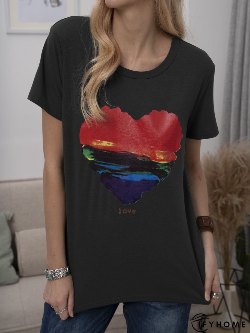 Plus Size Cotton-Blend Short Sleeve Geometric Casual T-shirt | IFYHOME