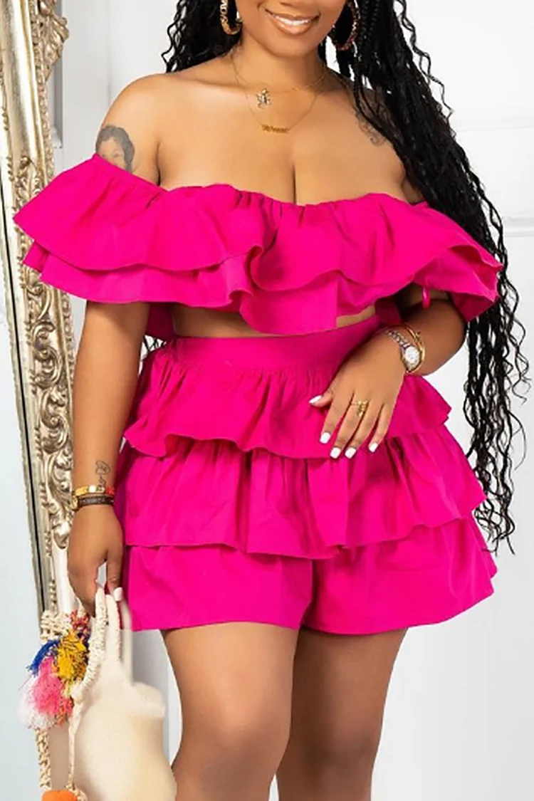 Xpluswear Plus Size Magenta Casual Off The Shoulder Overlay Ruffle Two Piece Short Sets [Pre-Order]