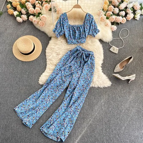 FTLZZ Summer Women Holiday Style Chiffon Printing Two Piece Set Short Shirt High Waist Wide Leg Pants Ladies Idyllic Style Sets