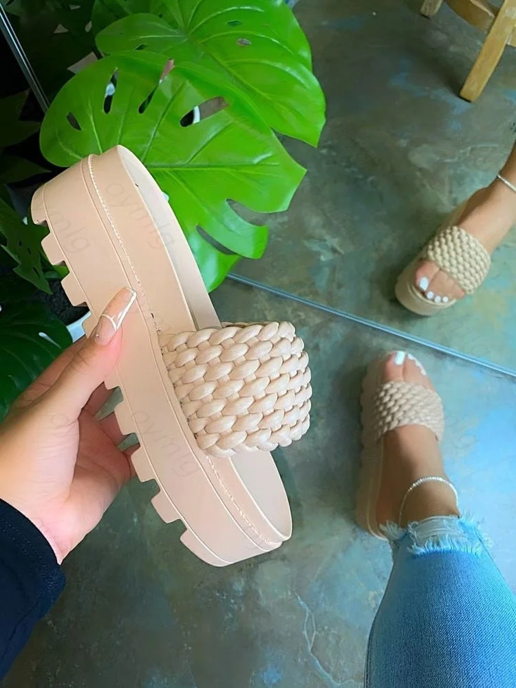 Women's sandals slippers 2021 summer new style fashion thick-soled flat woven solid color indoor slippers