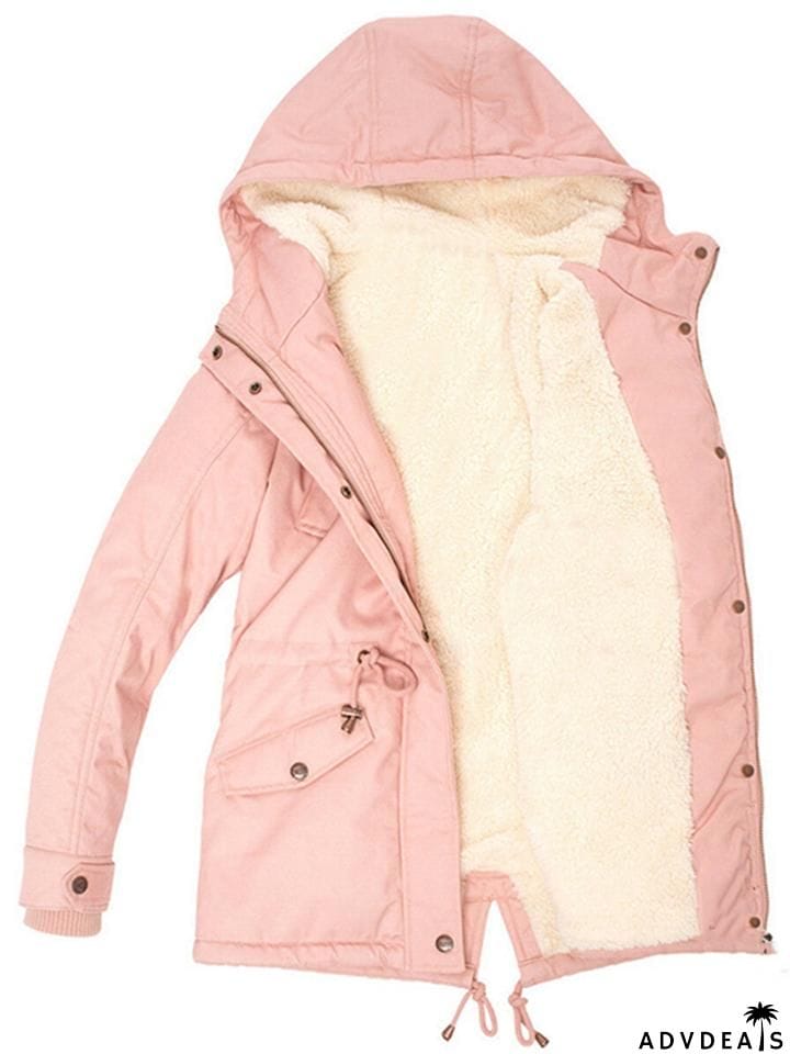 Cozy Fur Lining Full Zipper Waist Drawstring Pocket Hooded Coat