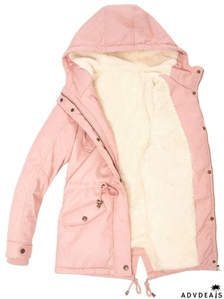 Cozy Fur Lining Full Zipper Waist Drawstring Pocket Hooded Coat
