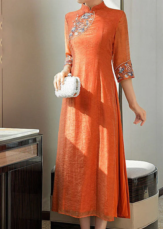 Vintage Orange Embroideried Side Open Silk Dresses Summer