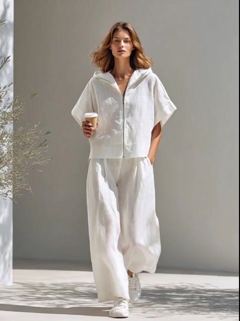 Women's Minimalist Cotton-Linen Blend Hooded Zip-Up Top & Wide-Leg Pants Set MD