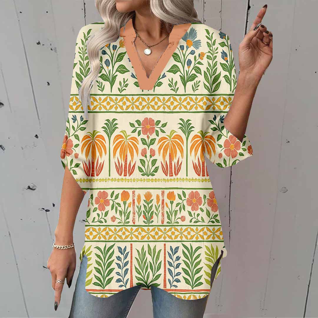 Women Artistic, Floral, Green DZGA0129 3/4 Sleeve V-neck Printed Graphic Button Tops