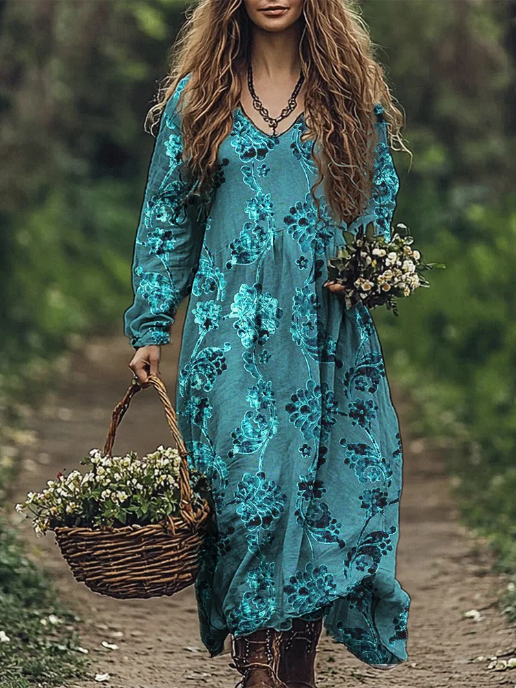 Vintage Turquoise Velvet Floral Flowy Maxi Dress