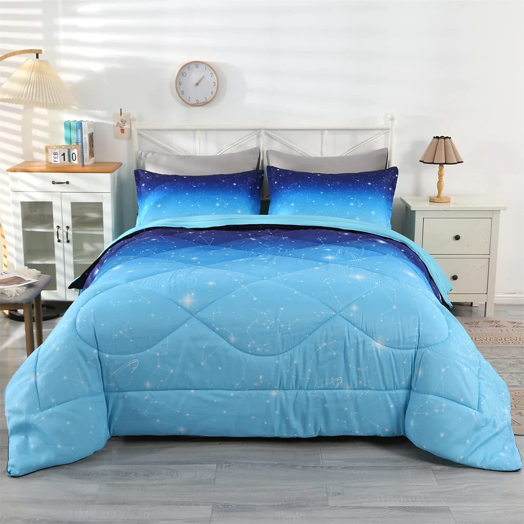 Galaxy Bedding Queen, Blue Queen Size Comforter Sets for Teen Girls, Boys and Adults, Premium 5-Piece Space Glitter Comforter Set, Comfortable and Soft