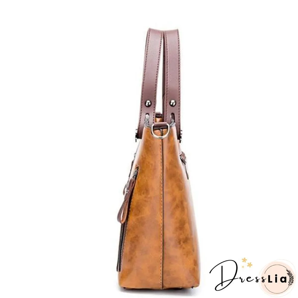 Women Oil Wax Leather Tote Bag Retro Shoulder Bags Handbags