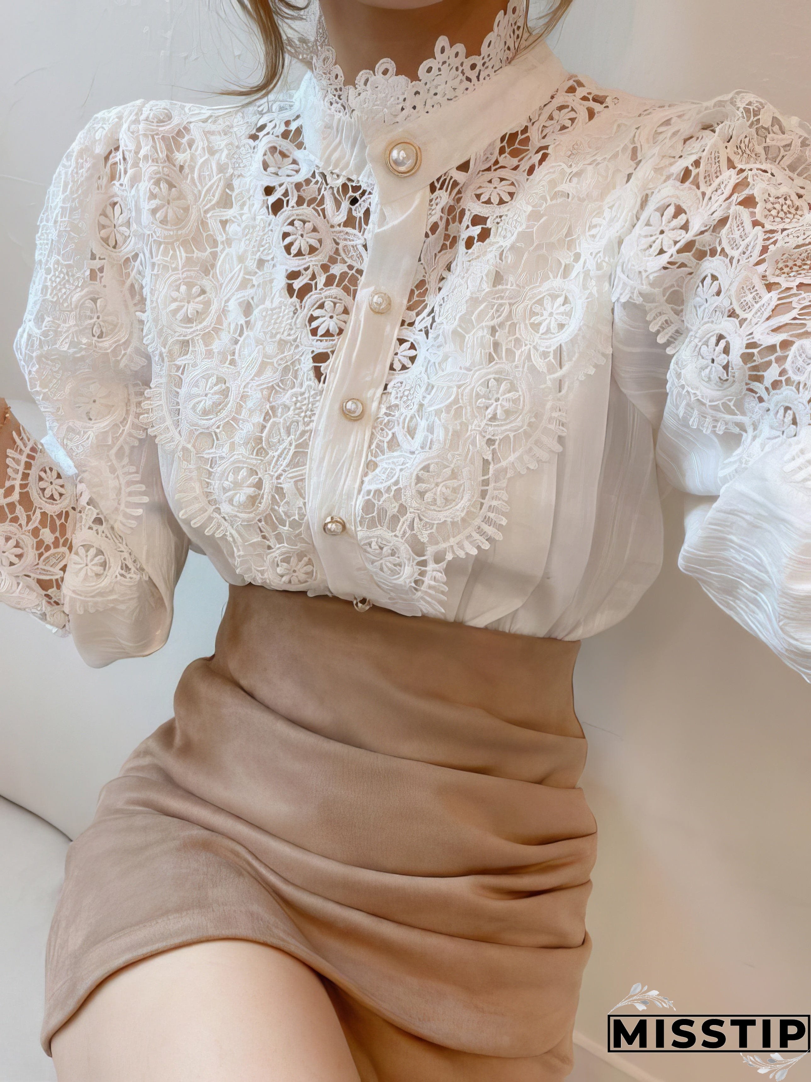 White Lace Blouse with Stand Collar and Pearl Buttons