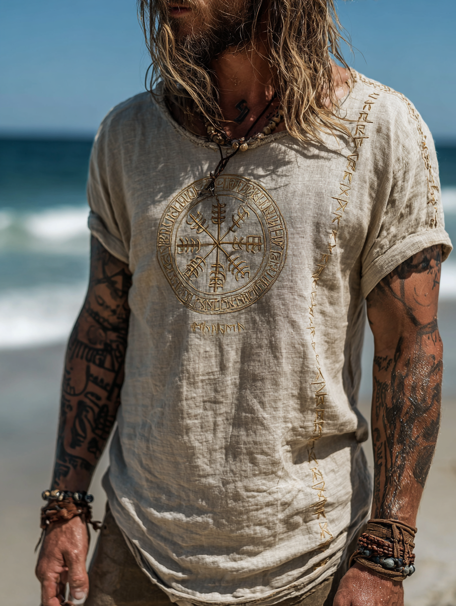 Men's Viking Mythology Runes Pattern Vintage Linen Shirt / Rvogue / Rvogue