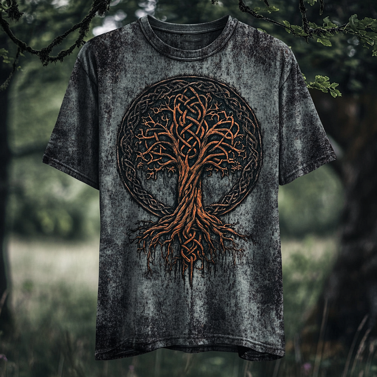Men's Viking Tribal Tree Of Life With Celtic Knotwork Embroidered Vintage Washed T Shirt