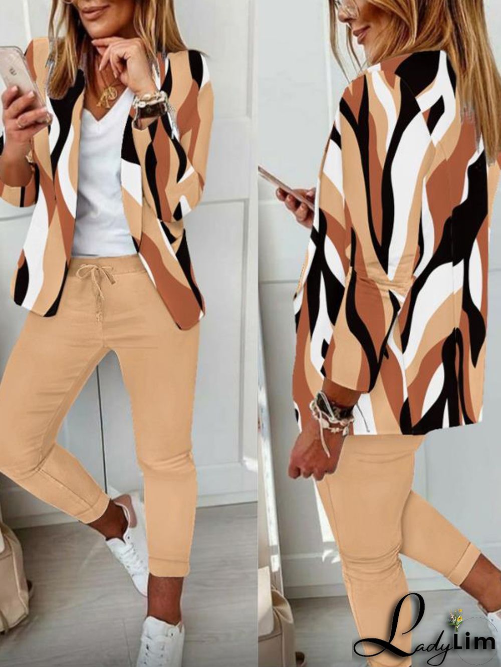 Casual Colorblock Allover Pattern Blazer & Pants 2 Pcs Set